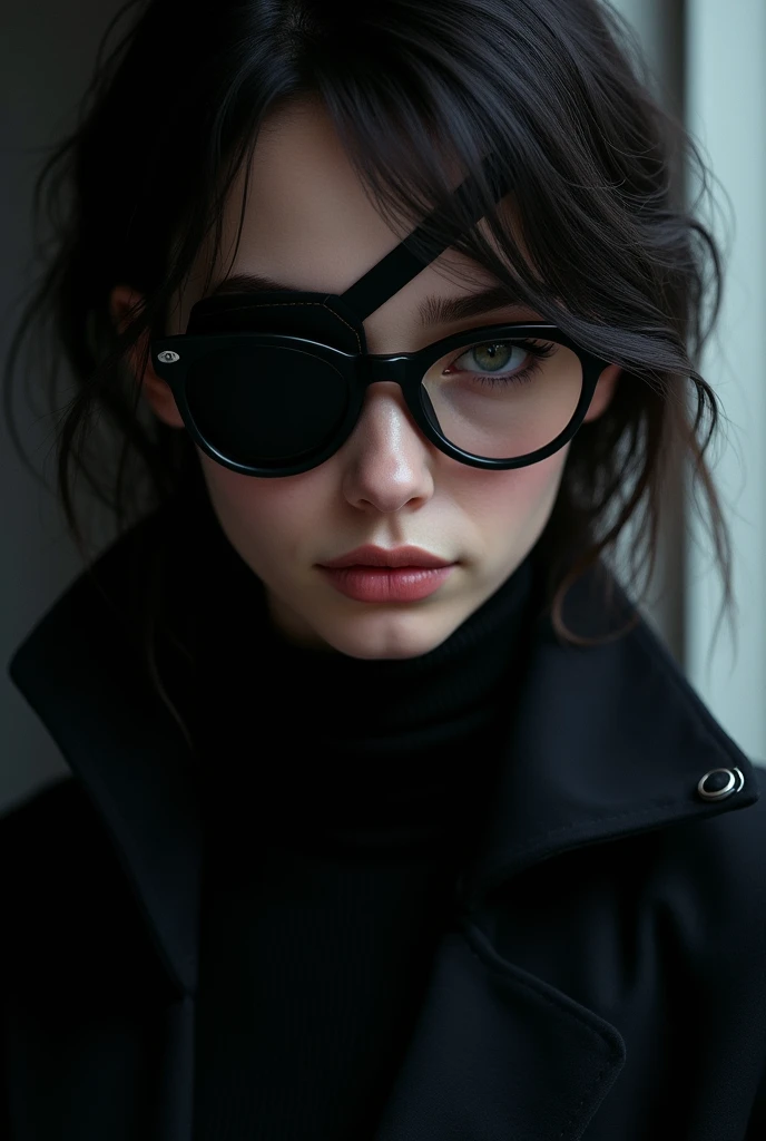 One with glasses and an eye patch over her left eye and black clothes 