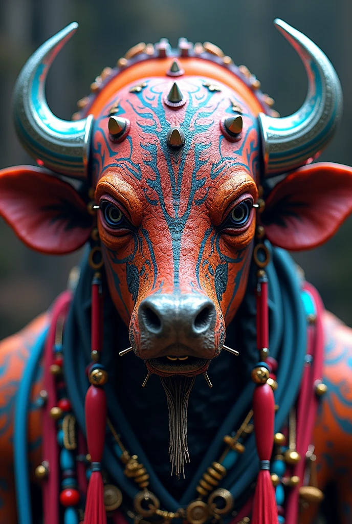 Colorful futuristic buffalo mask with piercings and rattles