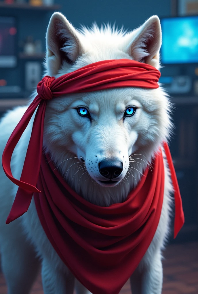 A white wolf with blue eyes only from the neck up with a red ribbon all over his head like a ninja and a gamer room in the background