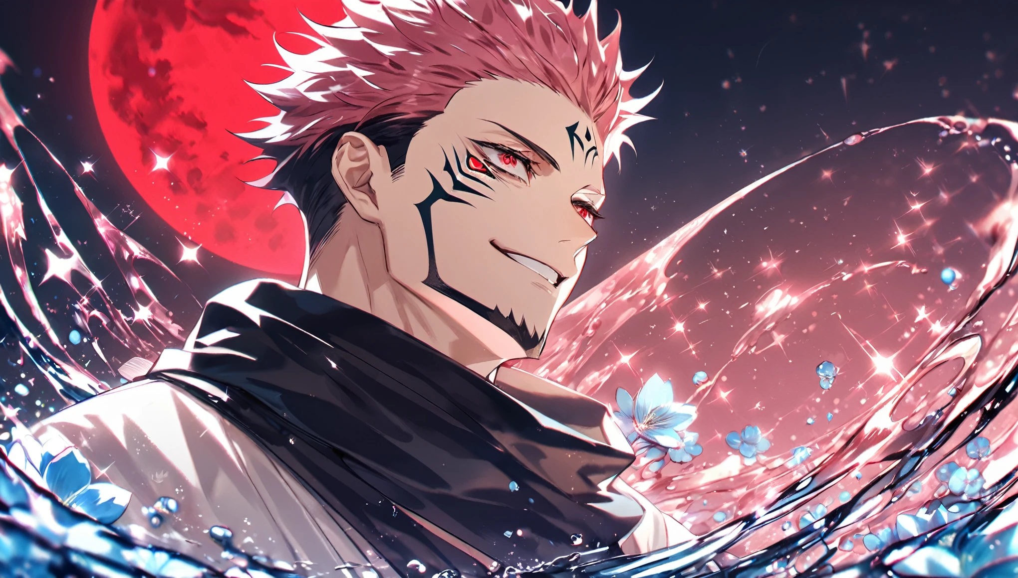 solo, Jujutsu Kaisen, Ryoumen Sukuna, handsome, manly, sexy man, expressive red eyes, pink hair, handsome smile, black scarf, white kimono, fantasy, sparkling, red moon, blue blossoms, red sparkling lights, starry sky, water, UHD, masterpiece, best quality, highres, super detail, anatomically correct, accurate