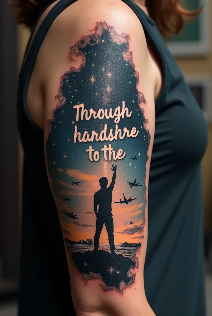 Design a tattoo with the phrase "Through hardship to the stars" that includes stars or airplanes and reflects a love for space