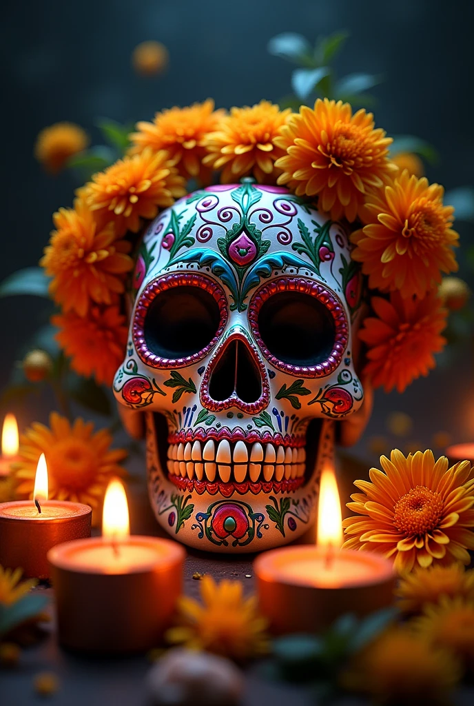 Sugar skull with candles and marigold flowers