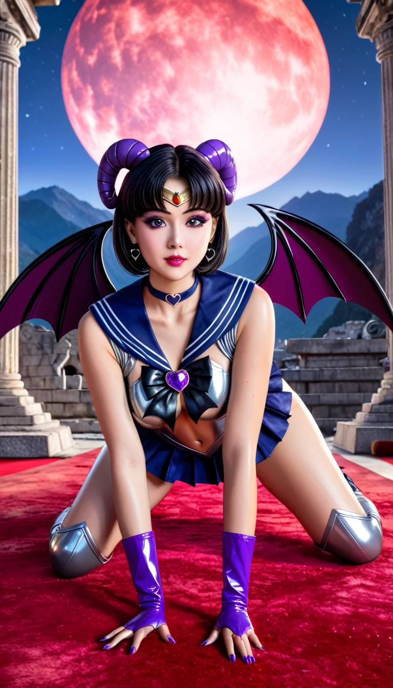 (High quality, masterpieces), One Japanese girl wearing sailor-moon like costume on all fours position, Bob cut black hair , Beautiful face, Brown eyes, Dark blue wide sailor collar, Dark blue ruffle mini skirt, Huge black ribbon on her chest, Metallic silver thin leotard adhered to the skin, A heart shape cutout around her bellybutton, Exposing skin around navel, Bat wings on her back, black shiny long fingerless gloves, Long sharp purple nails Black leather long boots with heels, black circlet with a purple jewel on her forehead, broad and deep black eyeshadow, Attach sheep's horn to temporal region, Ancient ruins on a mountaintop, Midnight with red Moon, Red carpet
