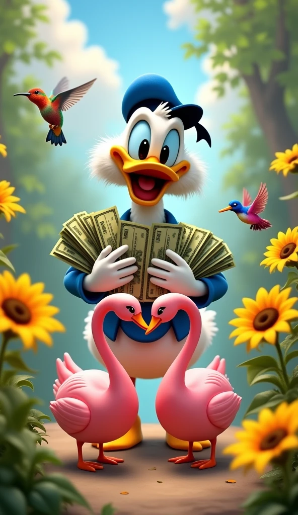 Scrooge McDuck smiling holding a lot of money, forming a dollar sign with the notes. Around her, There are hummingbirds and yellow sunflowers. In floor, there are two pink swans forming a heart because they are close.