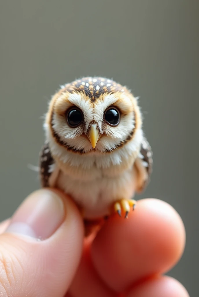 photorrealistic, 8k, Micro Tiny  [corujá] perched on a human finger