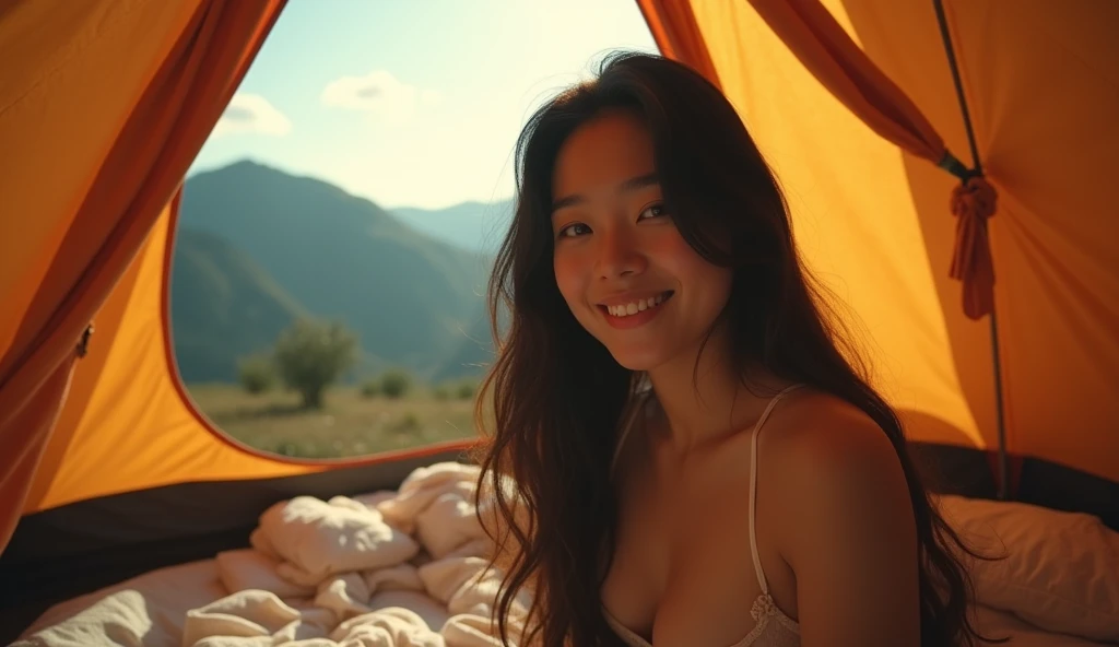 1 woman, Korea people, Beautiful black hair, honey colored hair,((upper body selfie, happy)), Shooting in a tent, wearing a lingerie, beautiful backlight, Tent Open Sign,masterpiece, best quality, overly detailed, alone, Exterior, (night), mountain, nature, (heavy rain) cheerful, satisfied,, Lie comfortably in lingerie, inside the tent, When I open the tent, You can see pretty riders outside.., forests, rock formation, descent, forest, performance, Shady, contrast, clear sky, analog style (look up at the viewer:1.2) (skin texture) (film grain: 1.3), (Warm shade, warm tone:1.2), enlargement, cinematic light, side lights, ultra high resolution, best shadow, ..raw, bust, wearing a pullover, Relaxed and intimate photos
