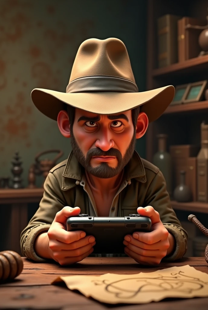 Animated SULICATE Logo Indiana Jones Dress Playing Video Game