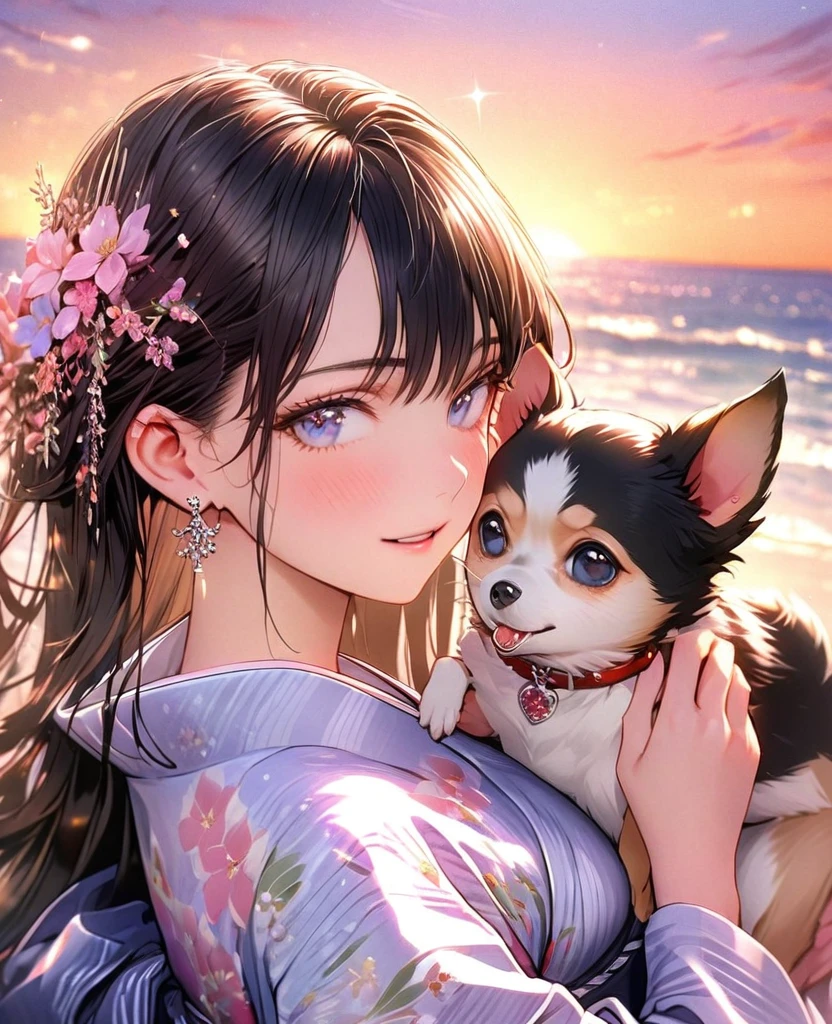 8k,Ephemeral beauty,Very delicate and beautiful,Beautiful and realistic skin,Small earrings that sparkle like jewels,Black Hair、Long and colorful hair,Beautiful Eyes,good,Beautiful sunset、dog(Chihuahua)hug、dogクリーム色、yukata