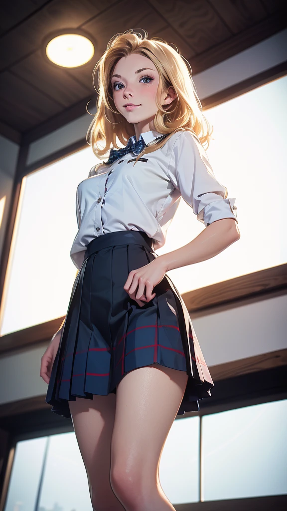 (masterpiece, best quality, chromatic lighting, professional quality, high detail), beautiful 18 year girl, blonde hair, blue eyes, seductive smile, wide hips, skinny waist, long legs, school girl uniform, navy plaid short skirt, white collar shirt, black tights