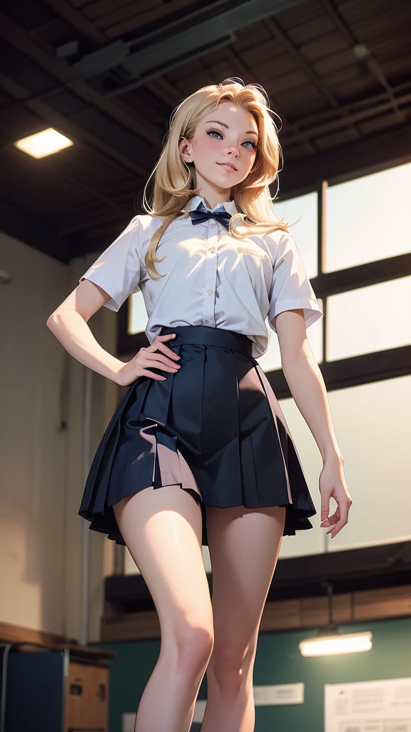 (masterpiece, best quality, chromatic lighting, professional quality, high detail), beautiful 18 year girl, blonde hair, blue eyes, seductive smile, wide hips, skinny waist, long legs, school girl uniform, navy plaid short skirt, white collar shirt, black tights