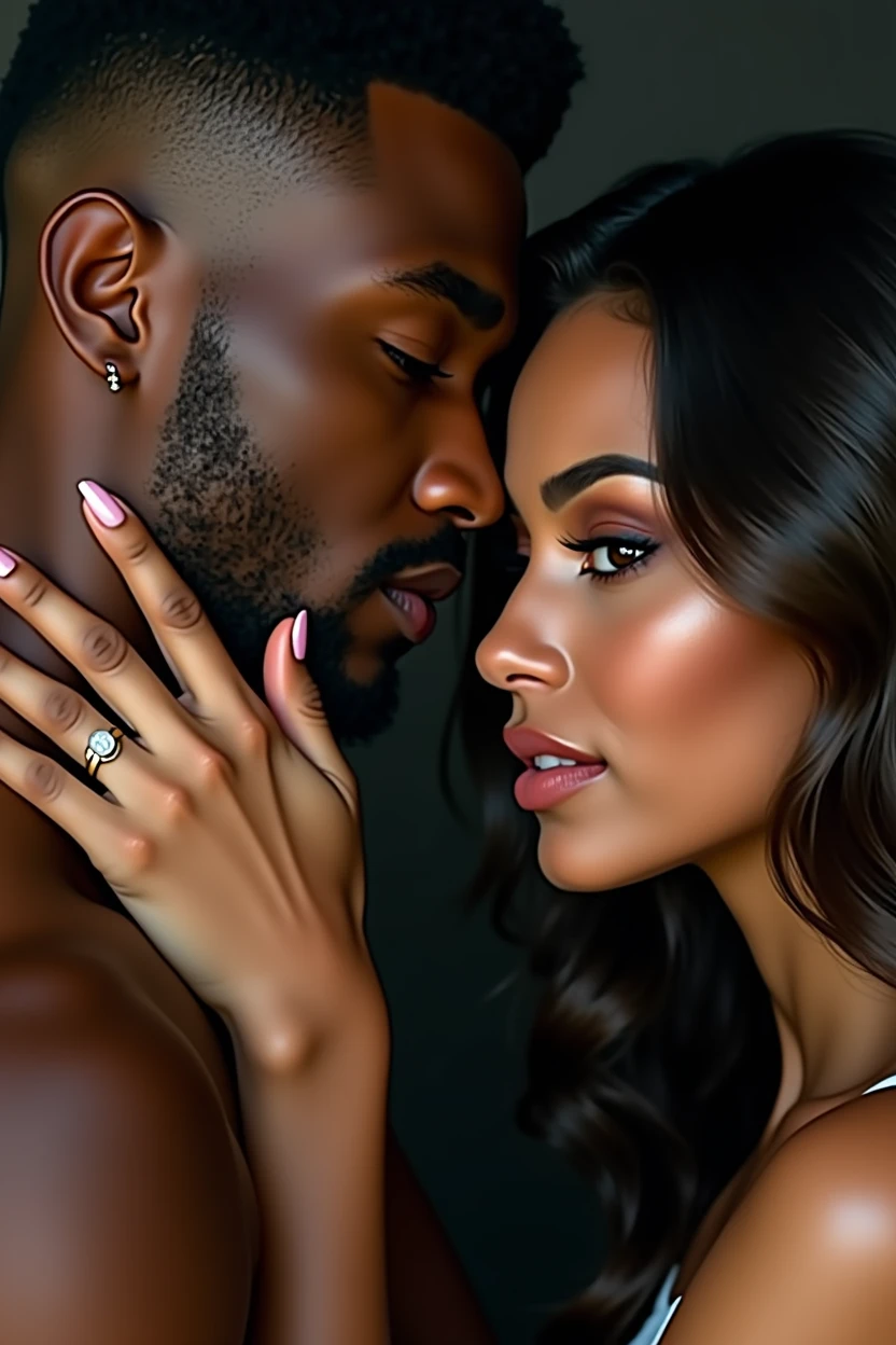 a close up of a young afroamerican man and beautiful Latin woman with dark skin chocolate color eyes looking at viewer emerald green color, seductive big body balanced , perfect beauty, long silky hair with waves embracing each other, intimate holding close, man and woman in love, engagement ring ads, by Emma Andijewska, by Matt Cavotta, hand on his cheek, couple pose, couples portrait, arm around her neck, couple portrait, man and woman, lovely couple, holding each other hands
