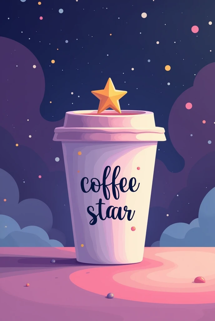 An image of a coffee cup with a lid, with a star on top that looks kawaii like a minimalist design, that says "coffee star" in letters, but they are on the cup in the color of the universe. (purple, blue and pink)