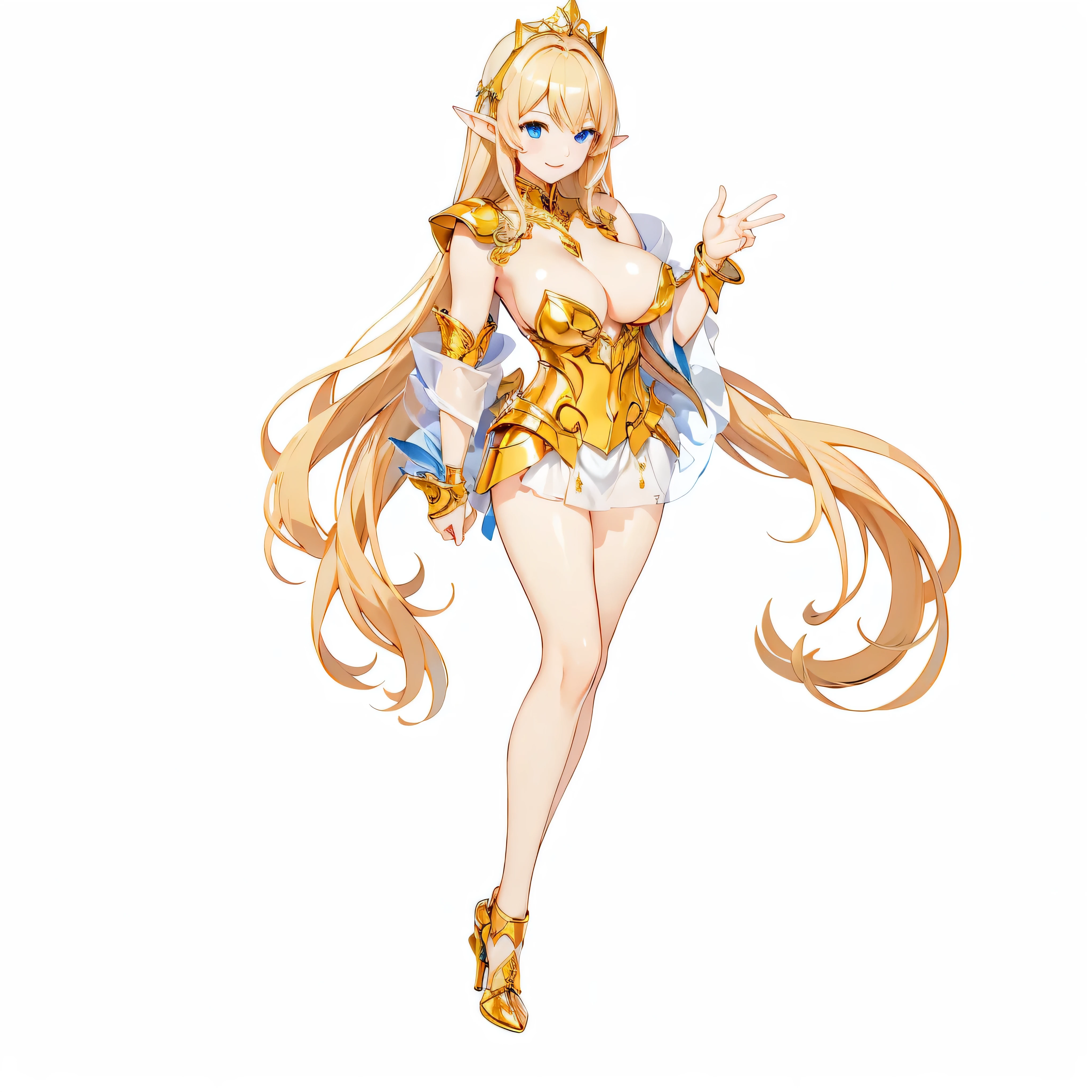 Highest quality、Very detailed、High resolution、１６ｋ、Thin contours、耳の長いElf、Nipples are visible、Shining golden armor、Gold bikini armor、Very large breasts、Very large breasts、Very transparent white skirt、Wearing black pants、chest proportion、Smile of the Goddess、Very white skin、Beautiful fingers、Perfect Style、Elf、No bra、Blonde hair and blue eyes、Cool smile