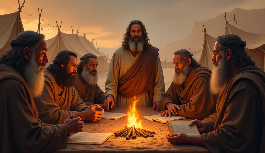 Moses in a meeting with the Hebrew leaders, Discussing strategies for liberation. The scene is in a desert camp, With tents and fire in the background. The expressions are of concern and hope.