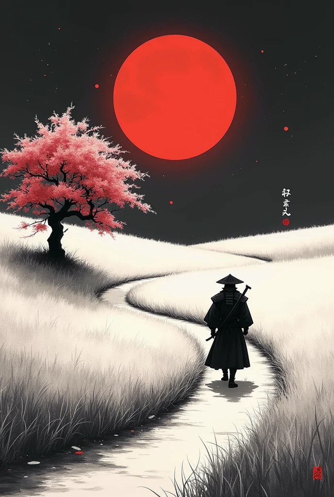 black and white drawing in Japanese style, Samurai in the distance (man, adult person) walking along a path through a field, a single pink cherry blossom tree nearby, Red moon in the sky, The picture above shows a Japanese kanji "quiet". Everything is harmonious around
