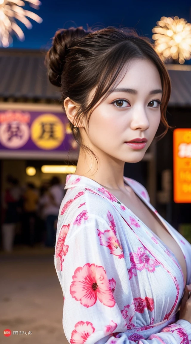 Dark brown hair、Light brown eyes、Japanese actress、 Lady、I am about 40 years old..、(Intricate details:1.2)、(Which is higher???:1.4)、 (超High resolution:1.2)、超High resolution、(Fine-tune)、(Detailed faceの特徴)、Hmph、8k resolution、D cup size breasts、Long Hair、Hue、night、,Full body photo、masterpiece, (One beautiful person), Detailed eyes, Highest quality, 超High resolution, (reality、Fireworks display、Opening a store、candy stall、night、walk: 1.4), Original photo, One Girl, Cinema Lighting, Japanese,standing、 Asian Beauty, Beautiful skins, (超reality的な), (High resolution), (8k yen), (Very detailed),(Ultra-detailed), Detailed face, Fireworks display、Opening a store、yukata、Put your hair up、Japanese clothing、Hairpin、night、Estrus、Lookaway、