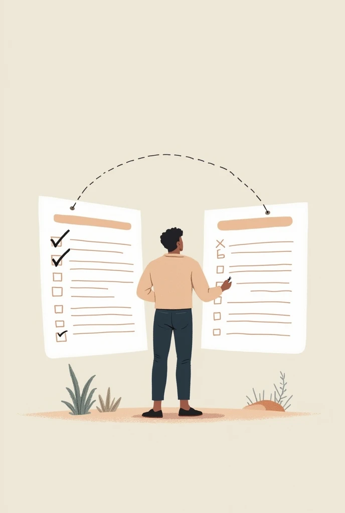 Two lists side by side, one with "Needs" (like food, living place) And another with "wishes" (like gadgets, brand clothes), showing a person reviewing both before making a decision.