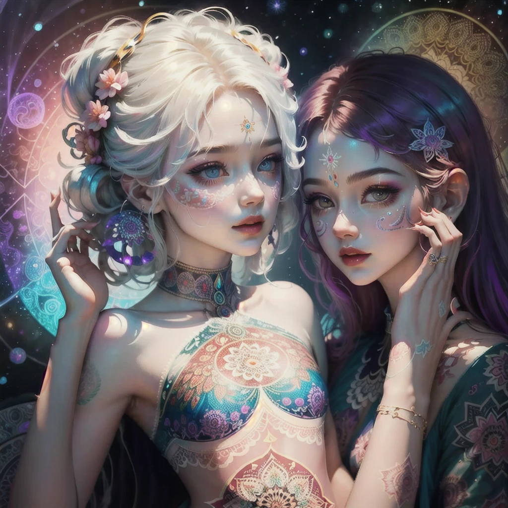 Female Body, saturated color, Psychedelic Imagery, lsd, Mandala, fractal, Fantasy, body painting、Geometric patterned halo