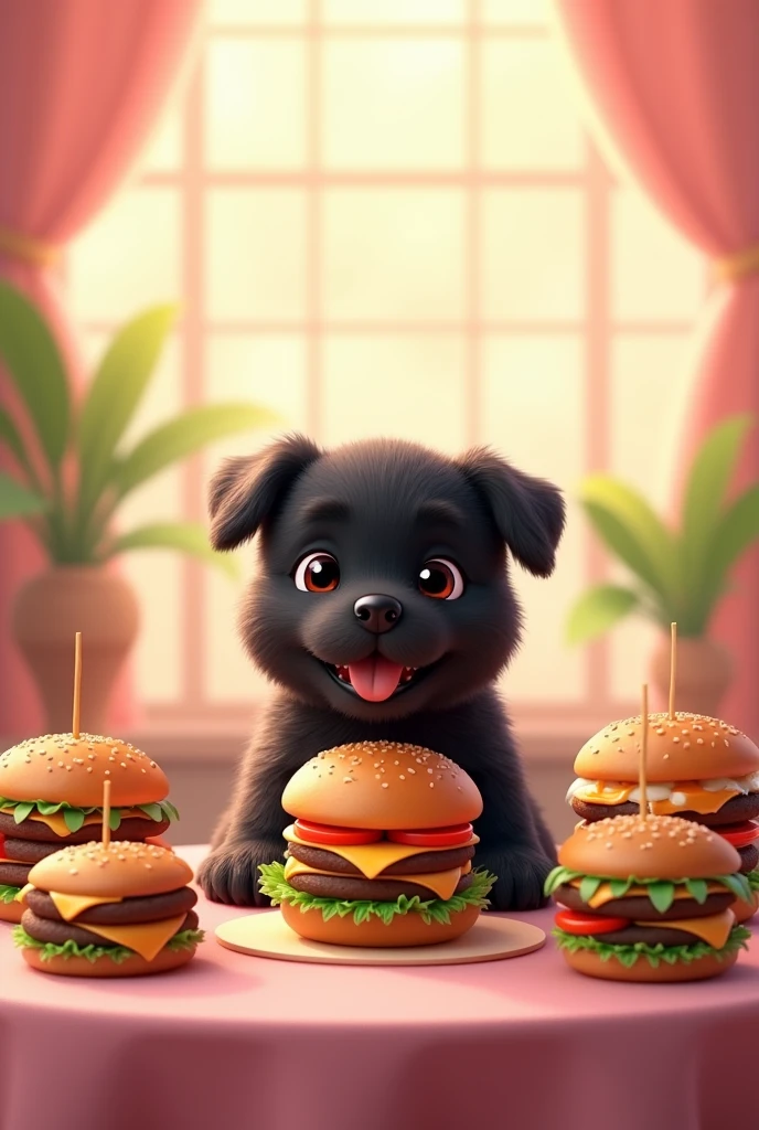 Invitation card that says "Mari's Burger Party", "Saturday 17th at noon". Card design with various burgers on a table and a black chow chow puppy with a happy face in the middle of the table. The realistic tender style in pastel colors 