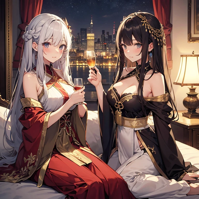 A group of  priestess, (in bedroom), various hair styles, harem, night, details face, seducing, ceremonial outfit, multiple girls, exposed shoulders 