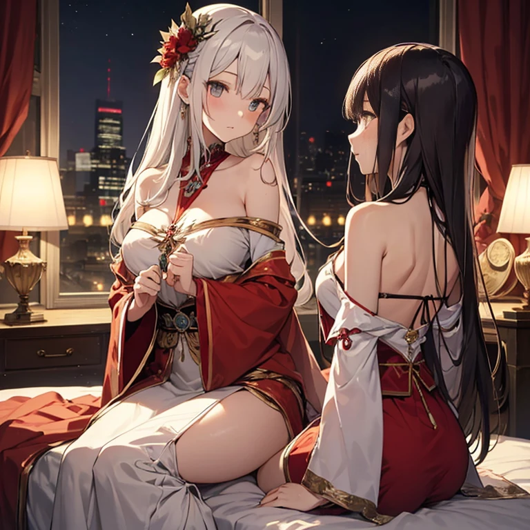 A group of  priestess, (in bedroom), various hair styles, harem, night, details face, seducing, ceremonial outfit, multiple girls, exposed shoulders 