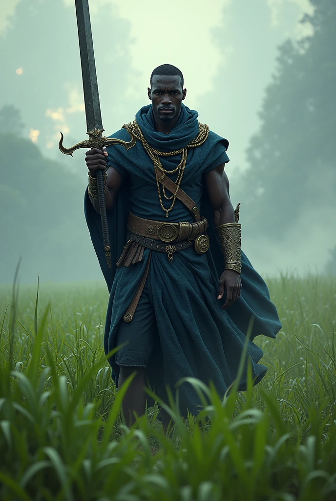 Orisha Black Man, warrior, shorth hair, dark blue clothing, with a raised sword, in a green field.
