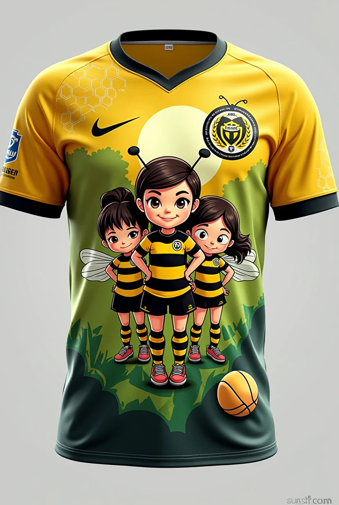 Create a t-shirt for play soccer of Bumblbees team. It is a girls team with tree champions and we want to innovate in the uniform