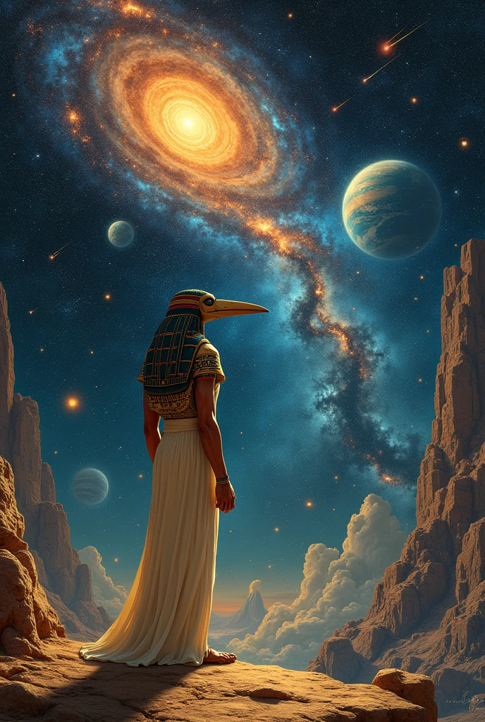 Ancient Egyptian God Thoth with his long and thin sacred ibis beak admiring the universe in its entirety, with vast galaxies, planets, black holes, meteors, nebulae and stars. Rich in details. Valuing all aspects of this wise God Thoth. Hieroglyph style. Be faithful to the image that scientists know of the God Thoth. As if it were a copy of what we have as an image of the God Thoth.
