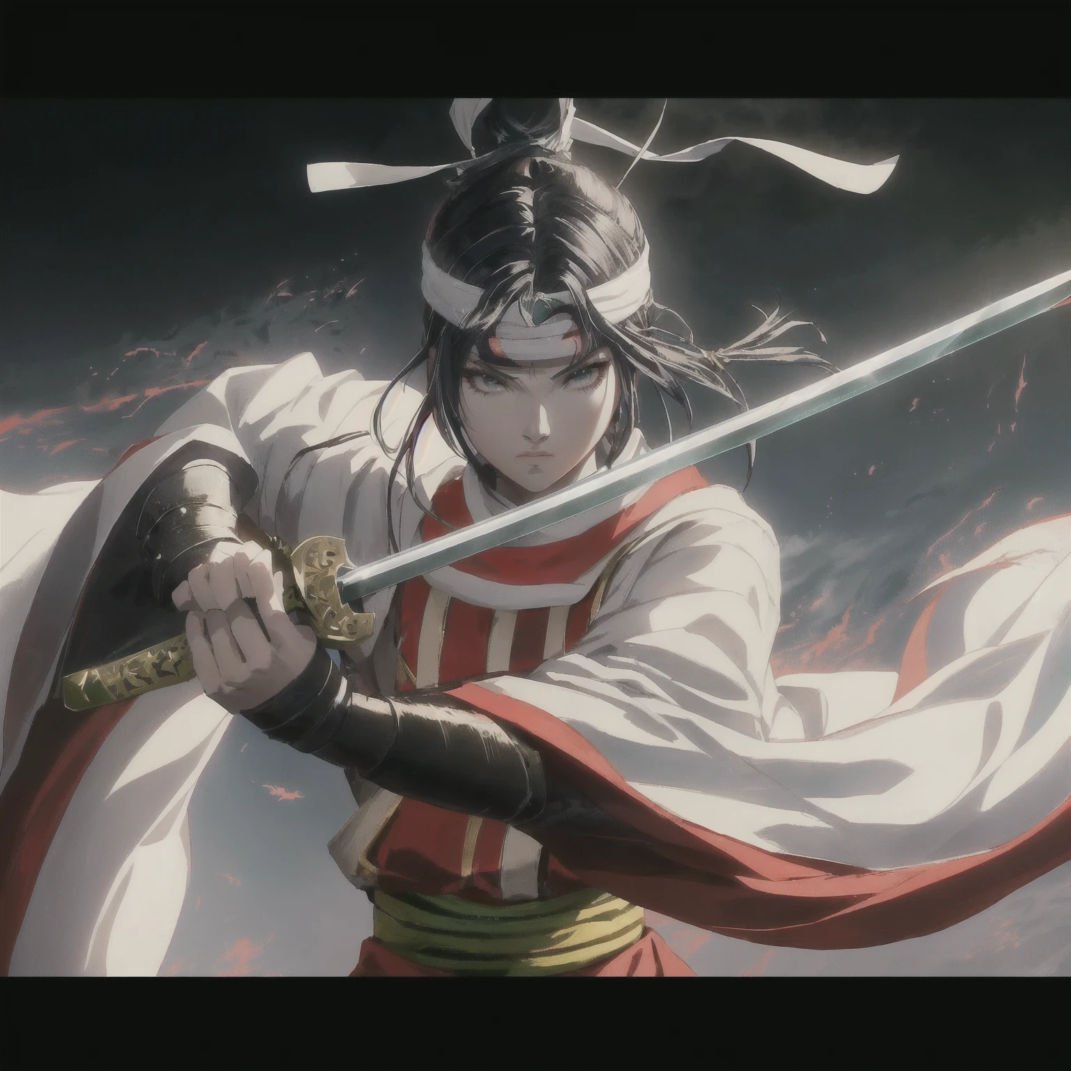anime character with sword and red cape holding a sword in front of a sky, she is holding a katana sword, onmyoji detailed art, sengoku - era art style, badass anime 8 k, demon slayer rui fanart, onmyoji, anime epic artwork, onmyoji portrait, female samurai, advanced digital anime art ”, katana