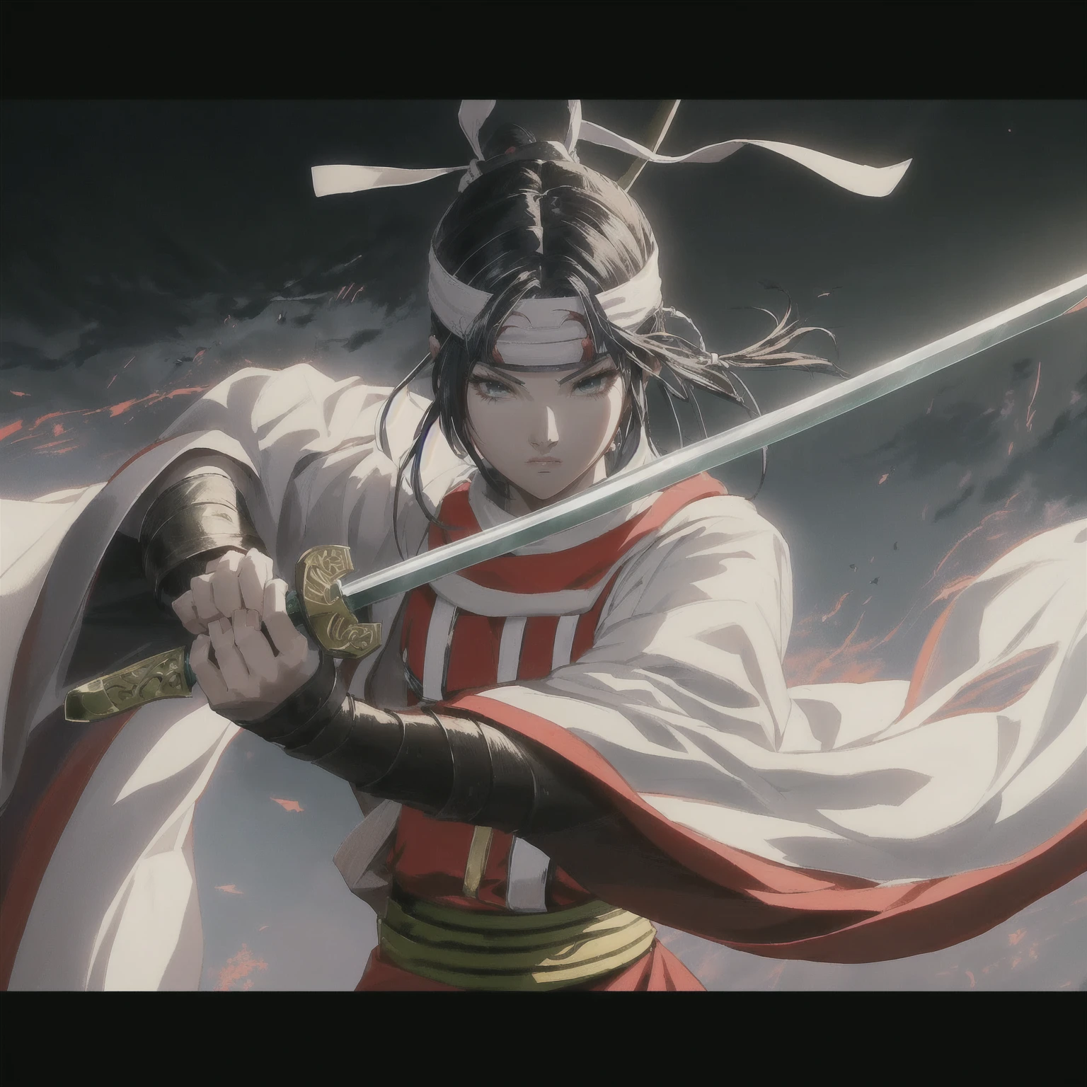 anime character with sword and red cape holding a sword in front of a sky, she is holding a katana sword, onmyoji detailed art, sengoku - era art style, badass anime 8 k, demon slayer rui fanart, onmyoji, anime epic artwork, onmyoji portrait, female samurai, advanced digital anime art ”, katana