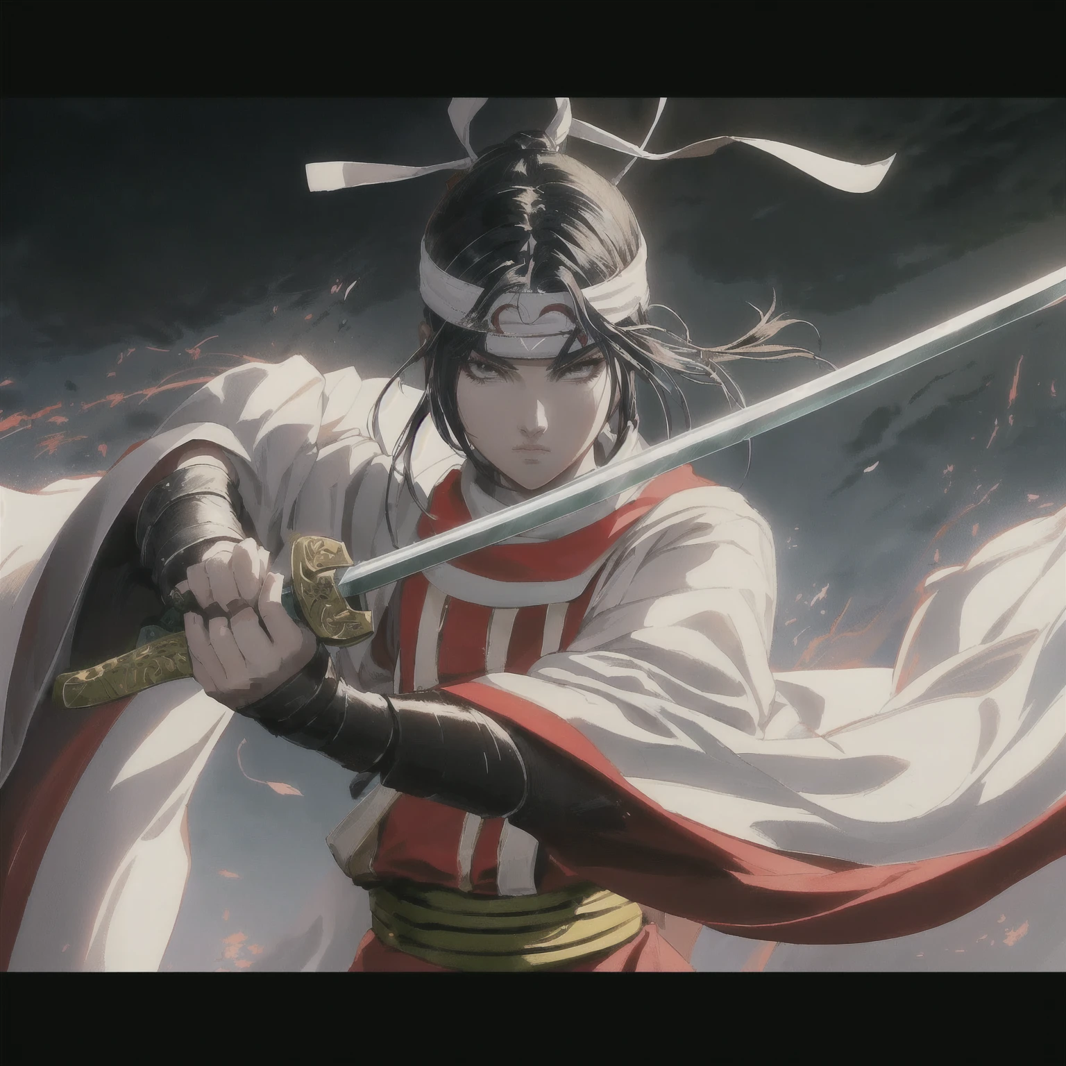 anime character with sword and red cape holding a sword in front of a sky, she is holding a katana sword, onmyoji detailed art, sengoku - era art style, badass anime 8 k, demon slayer rui fanart, onmyoji, anime epic artwork, onmyoji portrait, female samurai, advanced digital anime art ”, katana