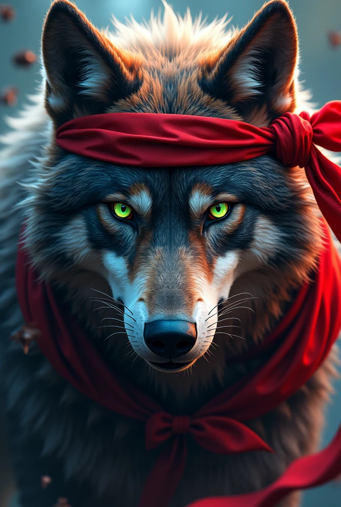 A lead wolf with green eyes only from the neck up with a red ribbon all over its head like a ninja and the background a gamer room