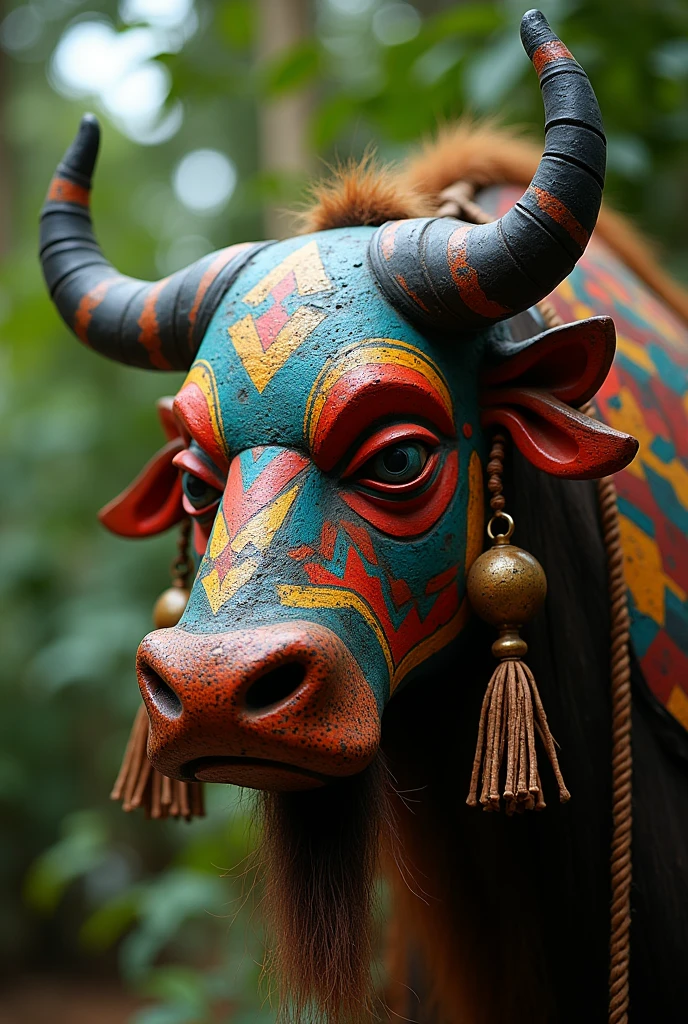 Colorful tribal buffalo mask with nose piercing and rattles