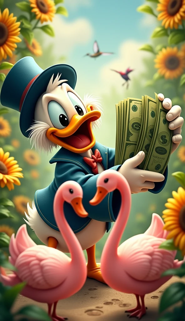 Scrooge McDuck smiling holding a lot of money, forming a dollar sign with the notes. Around her, There are hummingbirds and yellow sunflowers. In floor, there are two pink swans forming a heart because they are close.

sunflower, hummingbird and swans clearly visible 