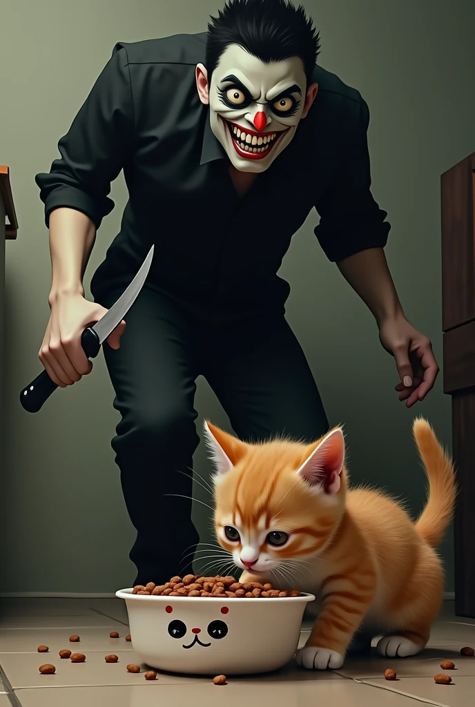 Ek ginger kitten ko jo cat food cat food bowl me kha rhi h bowl me cat k cartoon bna h creepy man jisne black shirt and pent pehni h uske ek hath me knife h or hass rha h wo khade homar ginger kitten ko dikha rha h