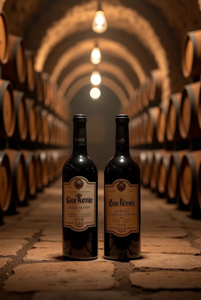A cave of wine in background, with 2 bottle of great wine