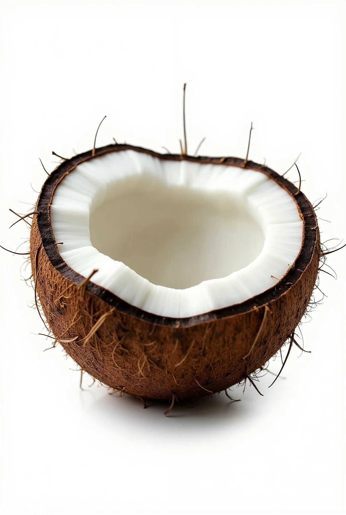 A dark brown, round coconut with a rough, natural texture, placed on a completely white background with no other elements or distractions. The coconut is cracked open, revealing the white, juicy interior with visible chunks of flesh. A bit of coconut water is dripping out, glistening under bright light. The image should be highly detailed, focusing on the texture of the shell and the freshness of the flesh, with a clean and minimalistic look against the pure white background.