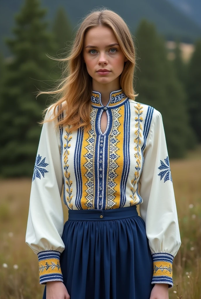 Create a Swedish top with Nordic details and blue and yellow accents.