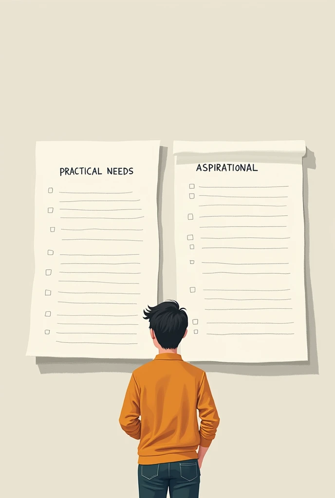 Two lists side by side, one with "Needs" (like food, living place) And another with "wishes" (like gadgets, brand clothes), showing a person reviewing both before making a decision.