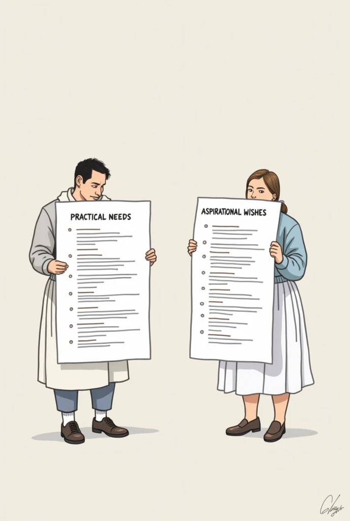 Two lists side by side, one with "Needs" (like food, living place) And another with "wishes" (like gadgets, brand clothes), showing a person reviewing both before making a decision.