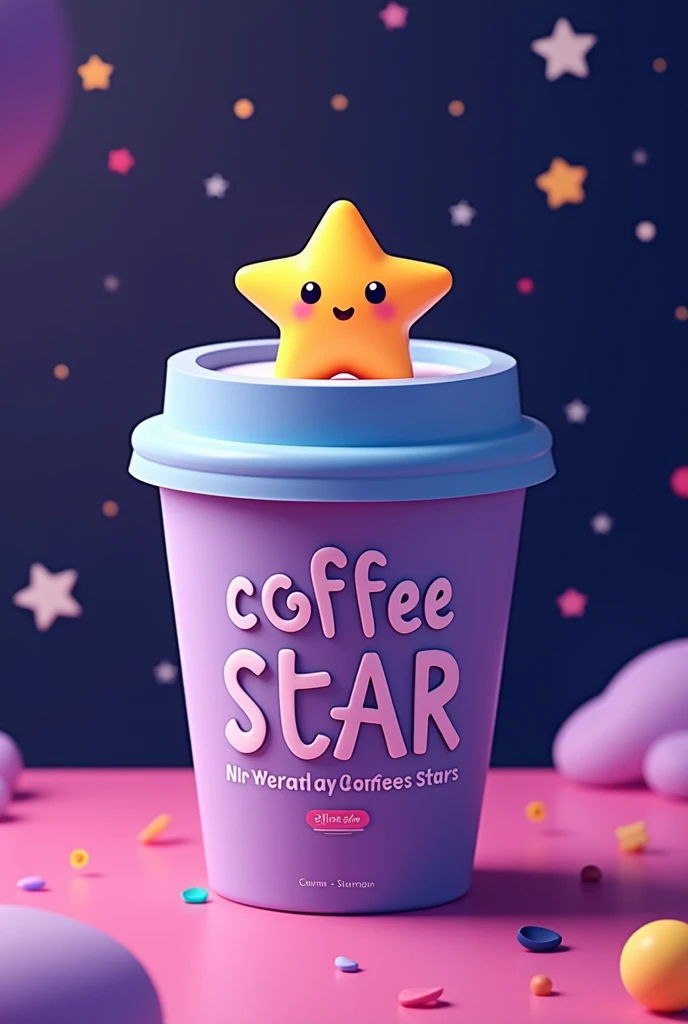 An image of a coffee cup with a lid, with a star on top that looks kawaii like a minimalist design, that says "coffee star" in letters, but they are on the cup in the color of the universe. (purple, blue and pink)