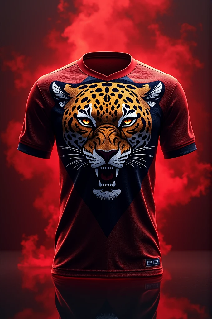 Team jersey front and back, with a jaguar drawn, red and black background, with brown eyes and written 3B on the chest