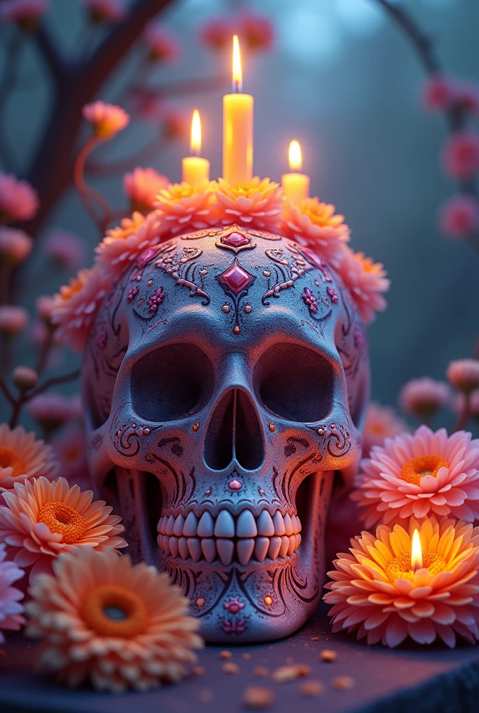 Sugar skull with candles and pastel-colored marigold flowers 
