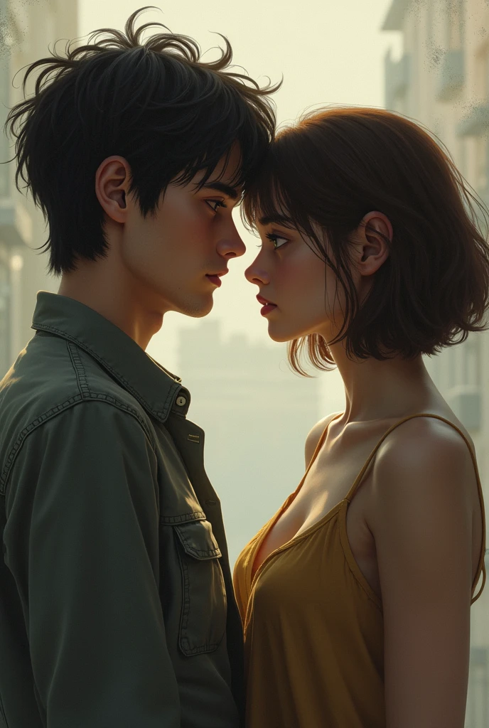 Make a couple of boyfriends with fading vibes looking at each other, The girl is light brown with short straight hair and the boy is attractive white with black, broken hair and sad eyes 