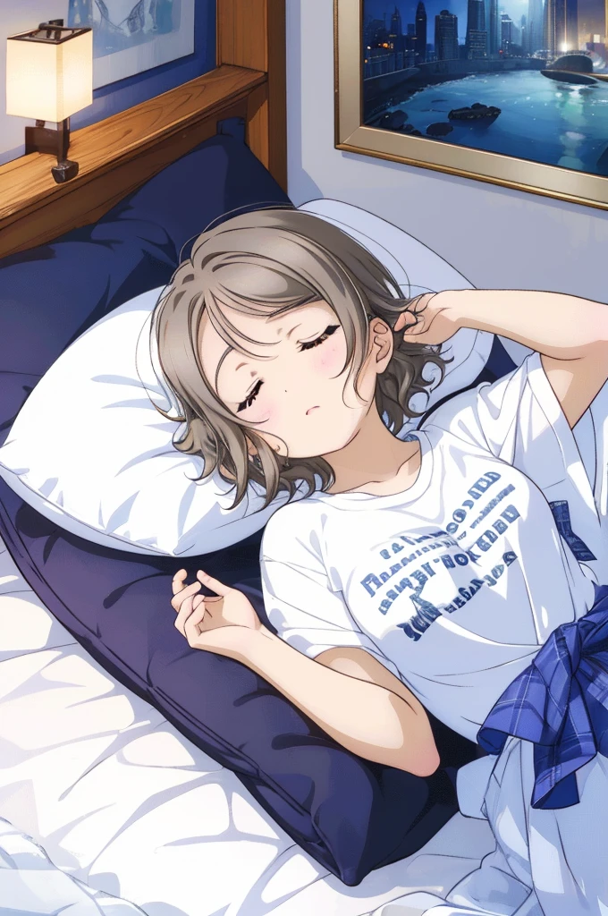 ((Watanabe Yo)),Gray Hair, ,Large Breasts、White T-shirt,Sleeping in bed,night,Sleep with your head on the pillow,Sleeping lying on your back in bed,nightの海
indoors, (masterpiece:1.2), Highest quality, High resolution, Highly detailed face, Highly detailed CG, ((Perfect hands, )),