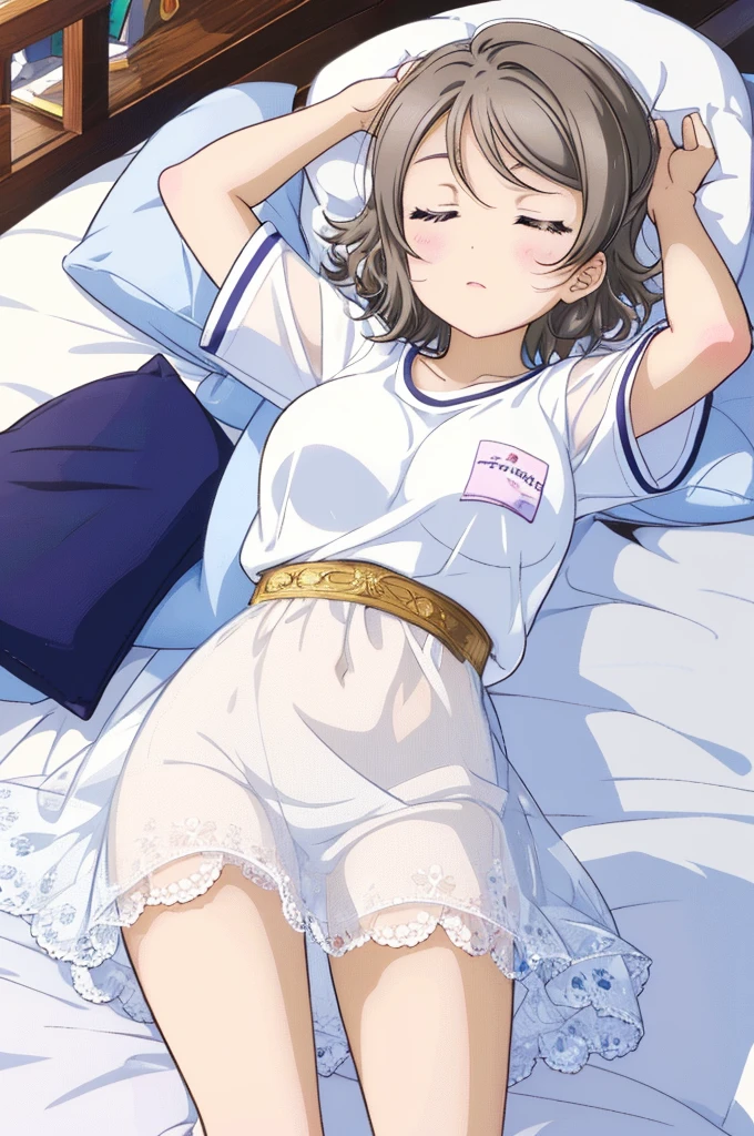 ((Watanabe Yo)),Gray Hair, ,Large Breasts、White T-shirt,Sleeping in bed,night,Sleep with your head on the pillow,Sleeping lying on your back in bed,nightの海
indoors, (masterpiece:1.2), Highest quality, High resolution, Highly detailed face, Highly detailed CG, ((Perfect hands, )),