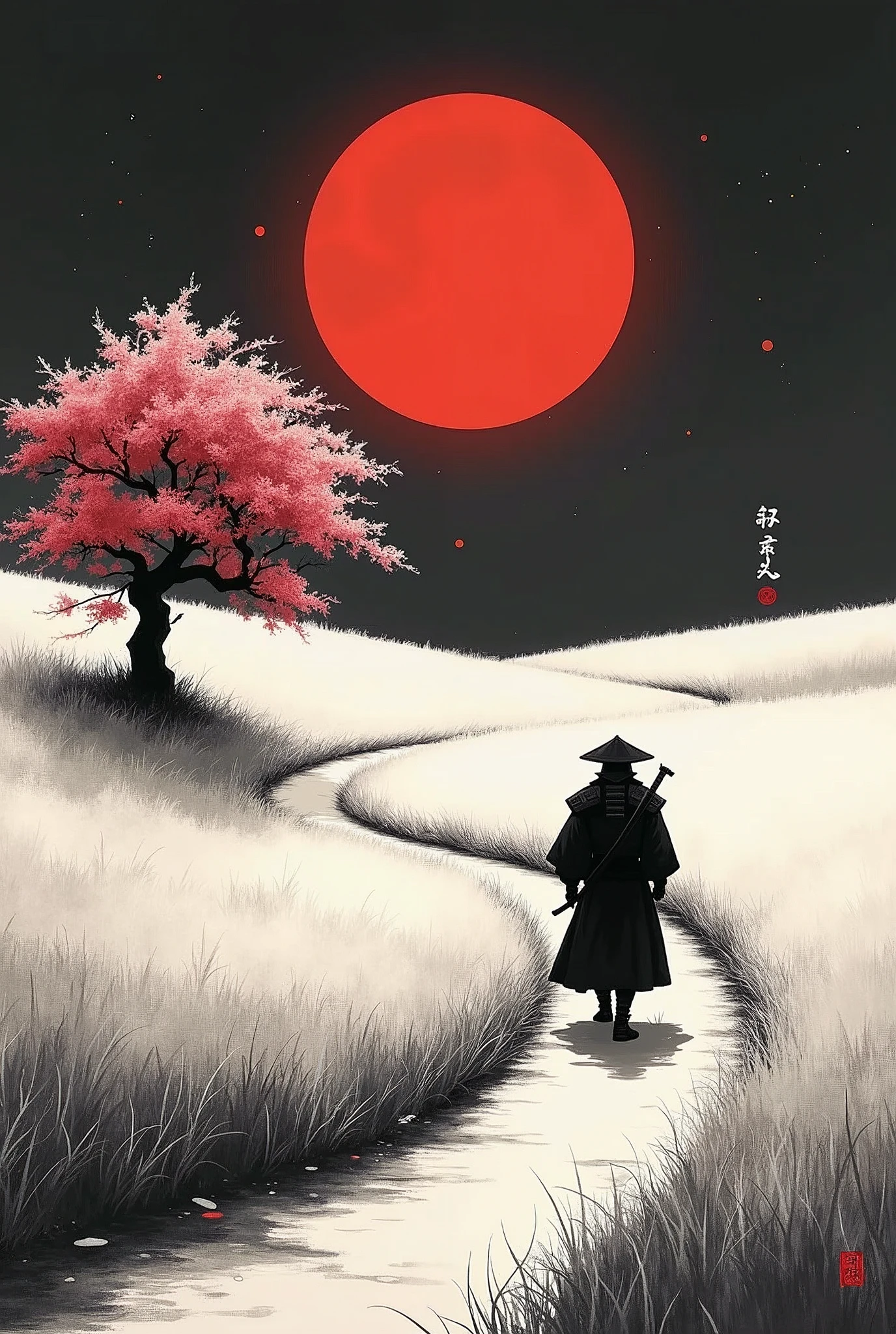 black and white drawing in Japanese style, Samurai in the distance (man, adult person) walking along a path through a field, a single pink cherry blossom tree nearby, Red moon in the sky, The picture above shows a Japanese kanji "quiet". Everything is harmonious around