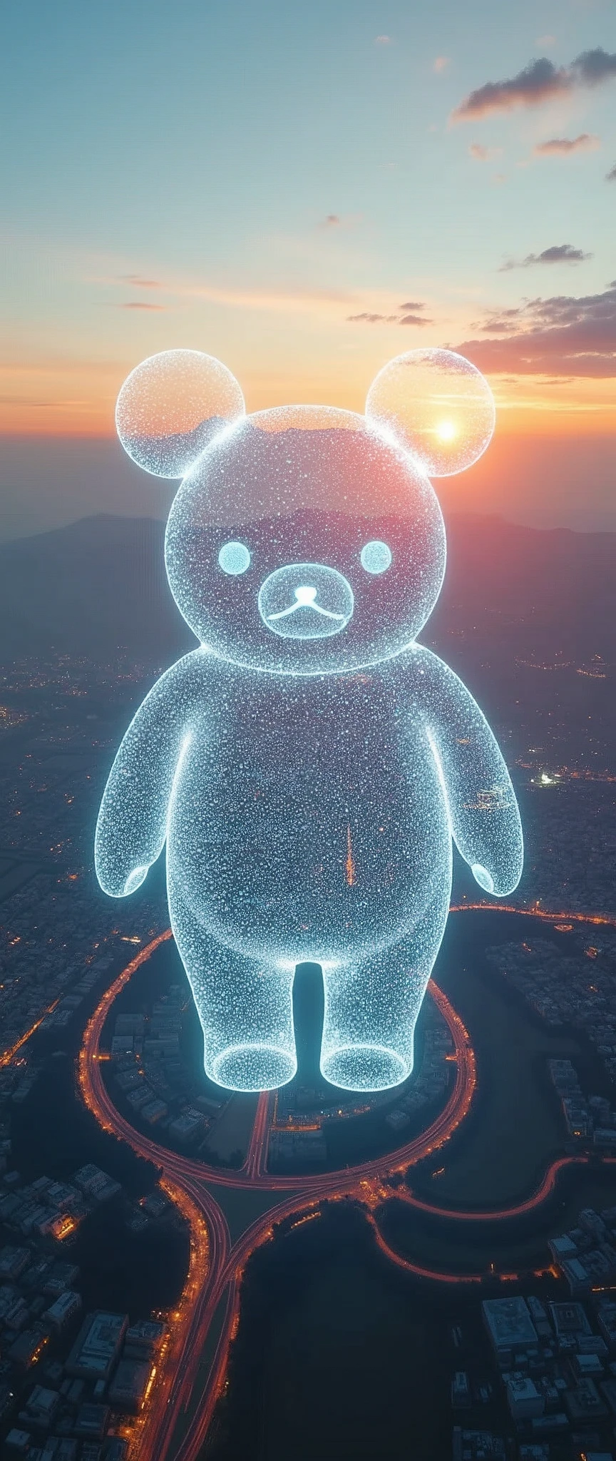 Landscape Photography,Shot from an airplane,Pre-landing,(Japan),(Future City:2.0),(((A holographic image of Rilakkuma is projected:2.0))),(masterpiece:1.2,Highest quality,Ultra-high resolution,Very detailed,8k,Realistic,Best aesthetics),beautiful,(dynamic)