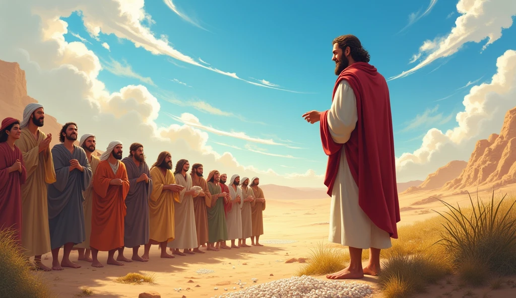 Moses watching the Hebrew people collecting manna from the sky. The background is a sunny desert, with white clouds and a blue sky. People are smiling and eating, symbolizing hope and sustenance.
