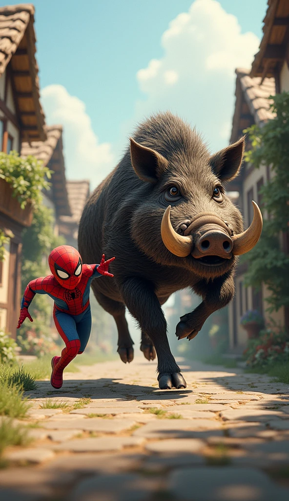 Spiderman junior ran away Chased by big boar on the village